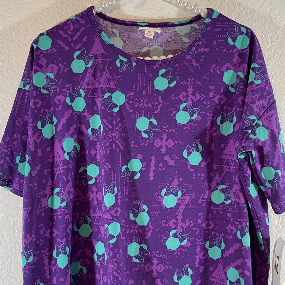 LuLaRoe Disney Irma Mickey Minnie Mouse Aztec Shades of Purple/Teal Shirt XS NEW - Picture 2 of 9